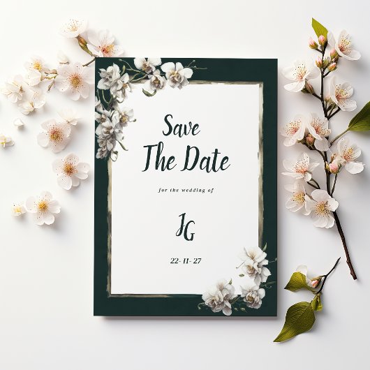Glam dark green gold white orchid Save The Date Einladung