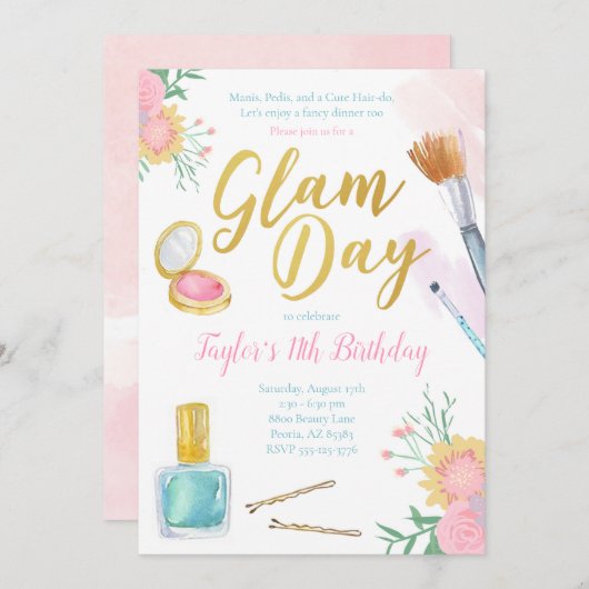 Glam Day Birthday Einladung | Mani Pedi Wellness-C (Vorne/Hinten)