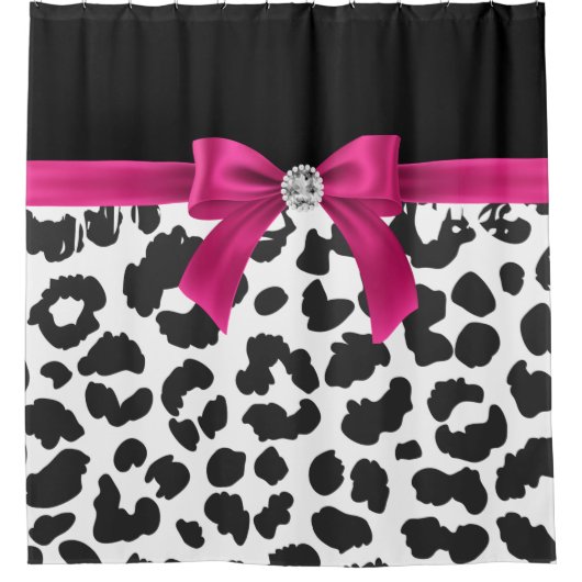 Glam Deep Pink Bow-Snow Leopard Print Black Duschvorhang (Vorderseite)