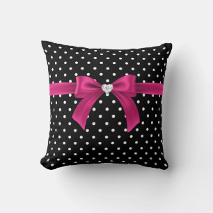 Glam Deep Pink Bow-White Polka Dots Black Kissen
