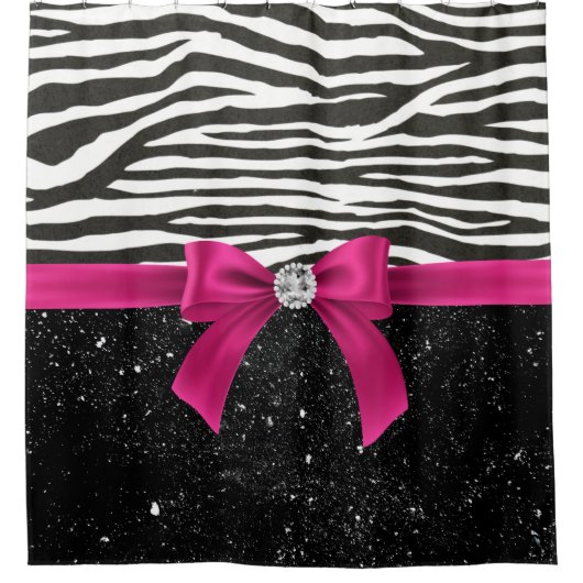 Glam Deep Pink Bow-Zebra Print-Black Sparkle Duschvorhang (Vorderseite)