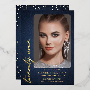 Glam Denim Diamonds Blau Gold 21. Geburtstagsfoto Folieneinladung