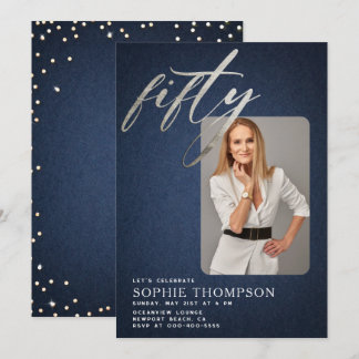 Glam Denim Diamonds Blue White 50. Geburtstag Foto Einladung