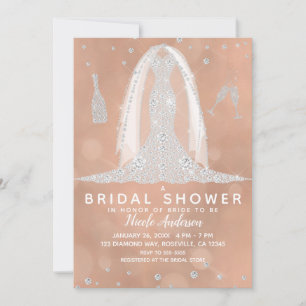 Glam-Diamant-Hochzeitskleid Pfirsich-Brautparty Einladung