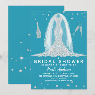 Glam Diamant Hochzeitskleid Teal Brautdusche Einladung