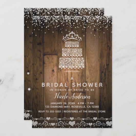 Glam Diamond Bling Cake Tiara & Wood Brautparty Einladung (Vorne/Hinten)