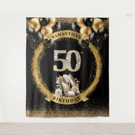 Glam Diamond Numbers Banner mit blush High Heels Wandteppich (Vorderseite)