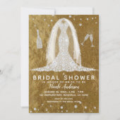 Glam Diamond Wedding Dress Gold Brautparty Einladung (Vorderseite)