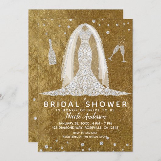 Glam Diamond Wedding Dress Gold Brautparty Einladung (Vorne/Hinten)