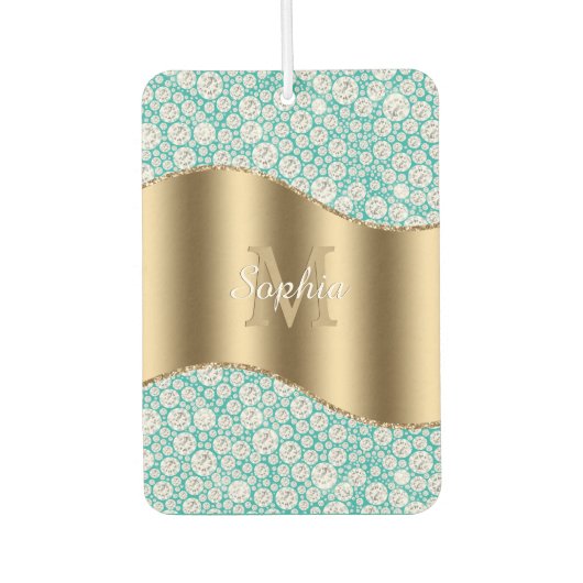 Glam Diamonds auf Aquamarin, Gold Monogram, Script Autolufterfrischer (Vorderseite)