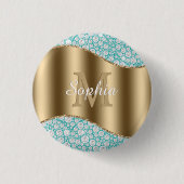 Glam Diamonds auf Aquamarin, Gold Monogram, Script Button (Vorderseite)