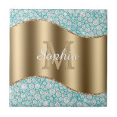 Glam Diamonds auf Aquamarin, Gold Monogram, Script Fliese (Vorderseite)