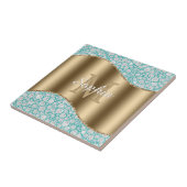 Glam Diamonds auf Aquamarin, Gold Monogram, Script Fliese (Seite)