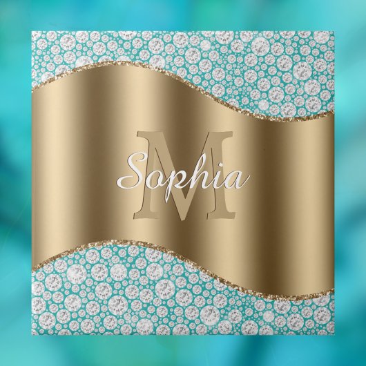 Glam Diamonds auf Aquamarin, Gold Monogram, Script Fliese