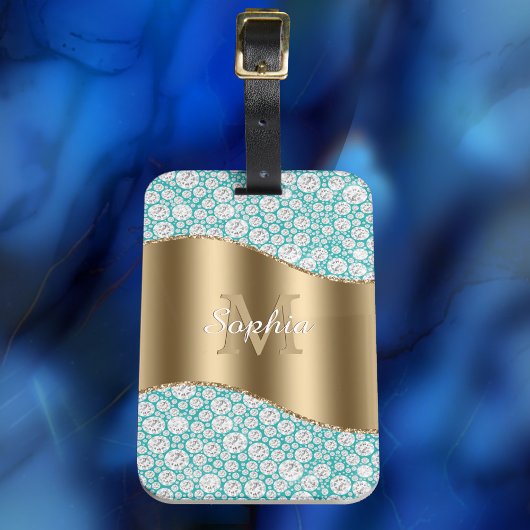 Glam Diamonds auf Aquamarin, Gold Monogram, Script Gepäckanhänger