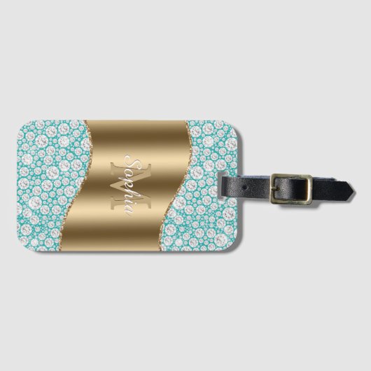 Glam Diamonds auf Aquamarin, Gold Monogram, Script Gepäckanhänger (Vorderseite (Horizontal))