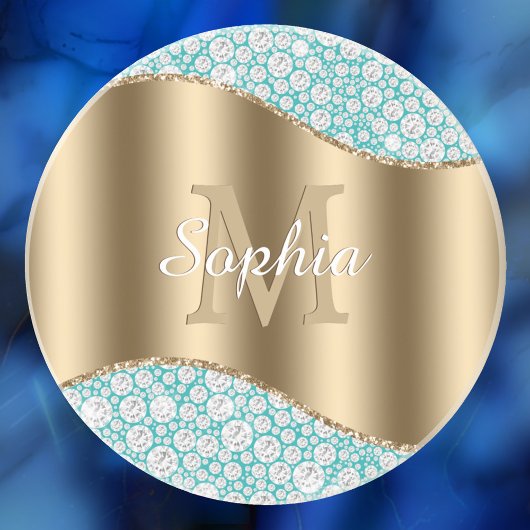 Glam Diamonds auf Aquamarin, Gold Monogram, Script Getränkeuntersetzer
