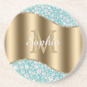 Glam Diamonds auf Aquamarin, Gold Monogram, Script Getränkeuntersetzer (Vorne)