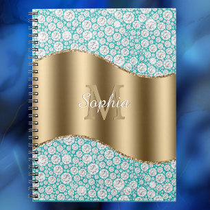 Glam Diamonds auf Aquamarin, Gold Monogram, Script Notizblock