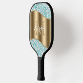 Glam Diamonds auf Aquamarin, Gold Monogram, Script Pickleball Schläger (Links)