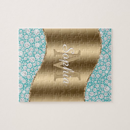 Glam Diamonds auf Aquamarin, Gold Monogram, Script Puzzle (Horizontal)