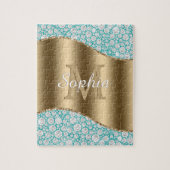 Glam Diamonds auf Aquamarin, Gold Monogram, Script Puzzle (Vertikal)