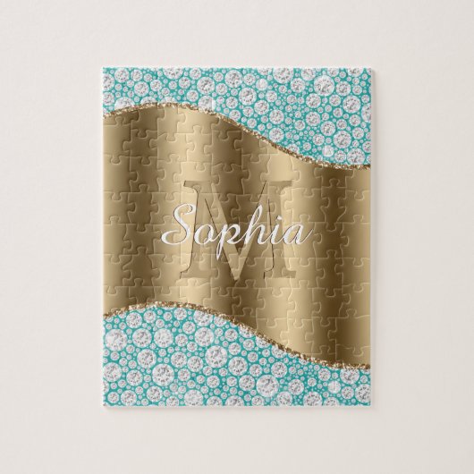 Glam Diamonds auf Aquamarin, Gold Monogram, Script Puzzle (Vertikal)