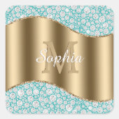 Glam Diamonds auf Aquamarin, Gold Monogram, Script Quadratischer Aufkleber (Vorderseite)