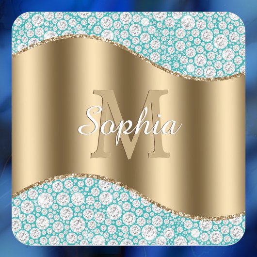 Glam Diamonds auf Aquamarin, Gold Monogram, Script Quadratischer Aufkleber