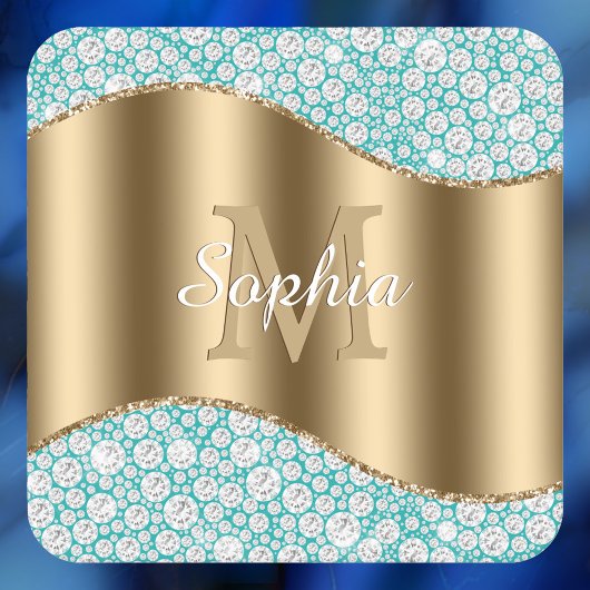 Glam Diamonds auf Aquamarin, Gold Monogram, Script Rechteckiger Pappuntersetzer