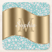 Glam Diamonds auf Aquamarin, Gold Monogram, Script Rechteckiger Pappuntersetzer (Vorderseite)