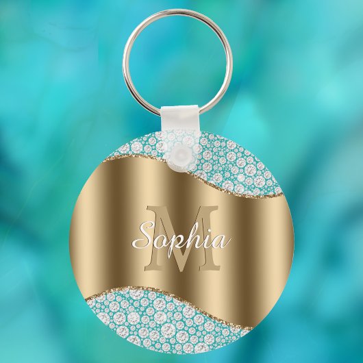 Glam Diamonds auf Aquamarin, Gold Monogram, Script Schlüsselanhänger