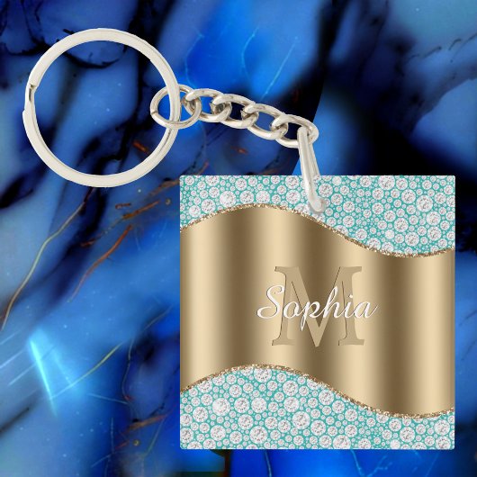 Glam Diamonds auf Aquamarin, Gold Monogram, Script Schlüsselanhänger