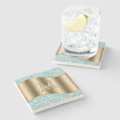 Glam Diamonds auf Aquamarin, Gold Monogram, Script Steinuntersetzer (Seitenansicht)
