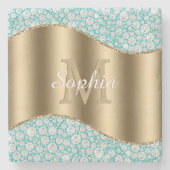Glam Diamonds auf Aquamarin, Gold Monogram, Script Steinuntersetzer (Vorderseite)