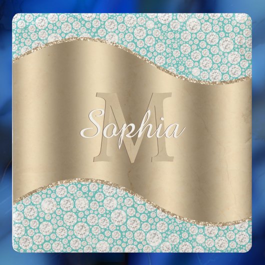 Glam Diamonds auf Aquamarin, Gold Monogram, Script Steinuntersetzer