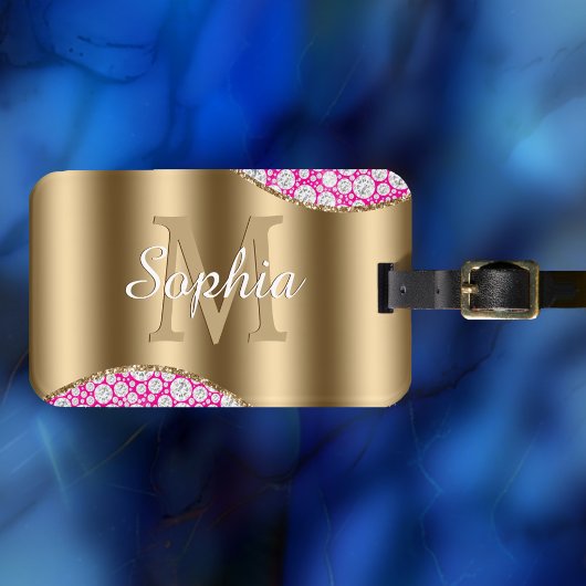 Glam Diamonds Fuchsia, Gold Monogram, Skriptname Gepäckanhänger