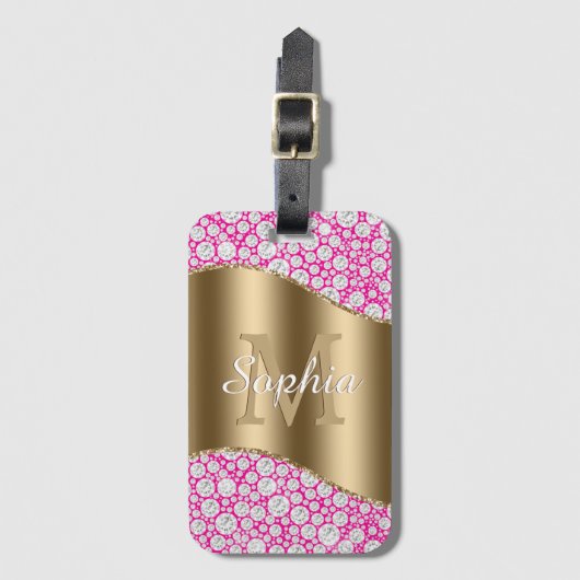 Glam Diamonds Fuchsia, Gold Monogram, Skriptname Gepäckanhänger (Vorderseite Vertikal)