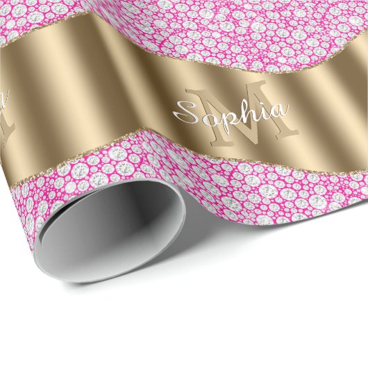 Glam Diamonds Fuchsia, Gold Monogram, Skriptname Geschenkpapier (Rolleneckpunkt)
