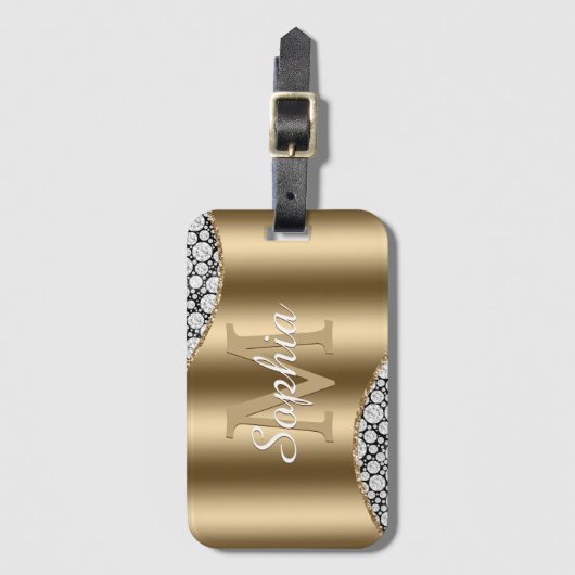 Glam Diamonds on Black, Gold Monogram, Script Name Gepäckanhänger (Vorderseite Vertikal)