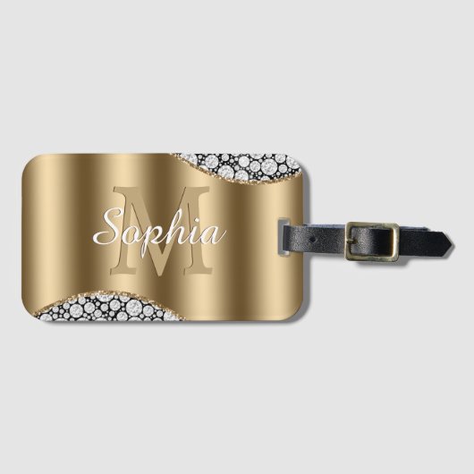 Glam Diamonds on Black, Gold Monogram, Script Name Gepäckanhänger (Vorderseite (Horizontal))