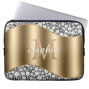 Glam Diamonds on Black, Gold Monogram, Script Name Laptopschutzhülle
