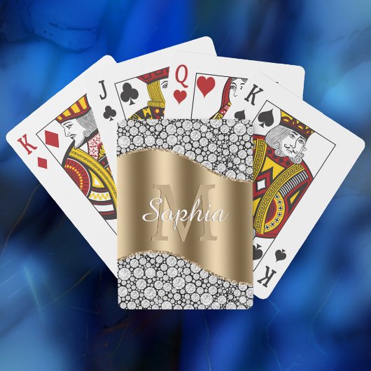 Glam Diamonds on Black, Gold Monogram, Script Name Spielkarten