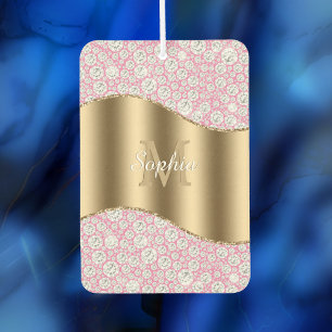 Glam Diamonds on Pink, Gold Monogram, Script Name Autolufterfrischer