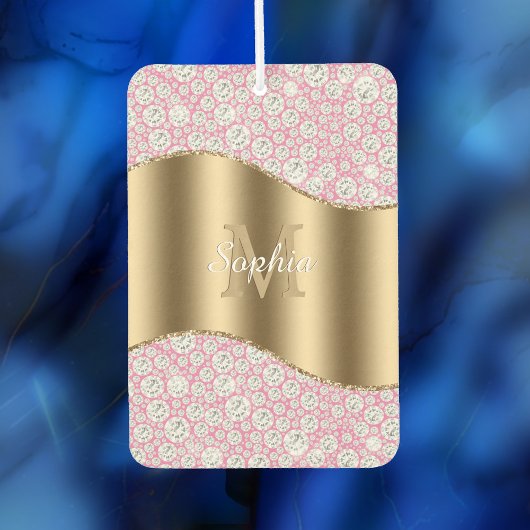 Glam Diamonds on Pink, Gold Monogram, Script Name Autolufterfrischer