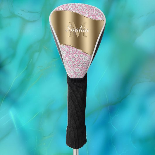 Glam Diamonds on Pink, Gold Monogram, Script Name Golf Headcover
