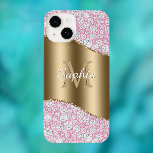 Glam Diamonds on Pink, Gold Monogram, Script Name iPhone Hülle