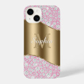 Glam Diamonds on Pink, Gold Monogram, Script Name iPhone Hülle (Rückseite)