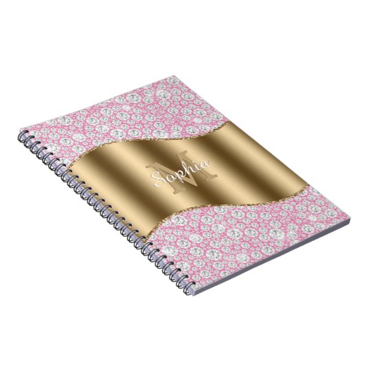 Glam Diamonds on Pink, Gold Monogram, Script Name Notizblock (Rechte Seite)
