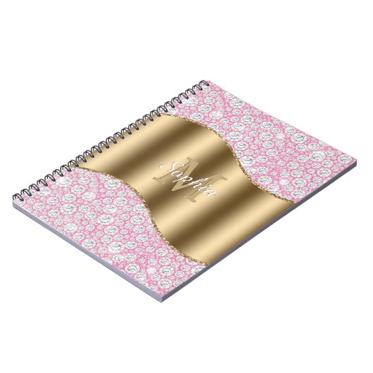 Glam Diamonds on Pink, Gold Monogram, Script Name Notizblock (Linke Seite)